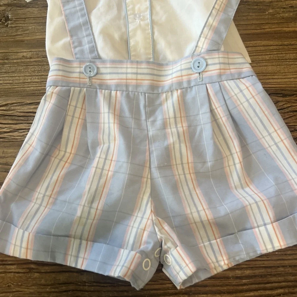 Vintage 12 Mos Boys Blue‎ Plaid Shorts Set Sailor Emboidered Shirt Suspender